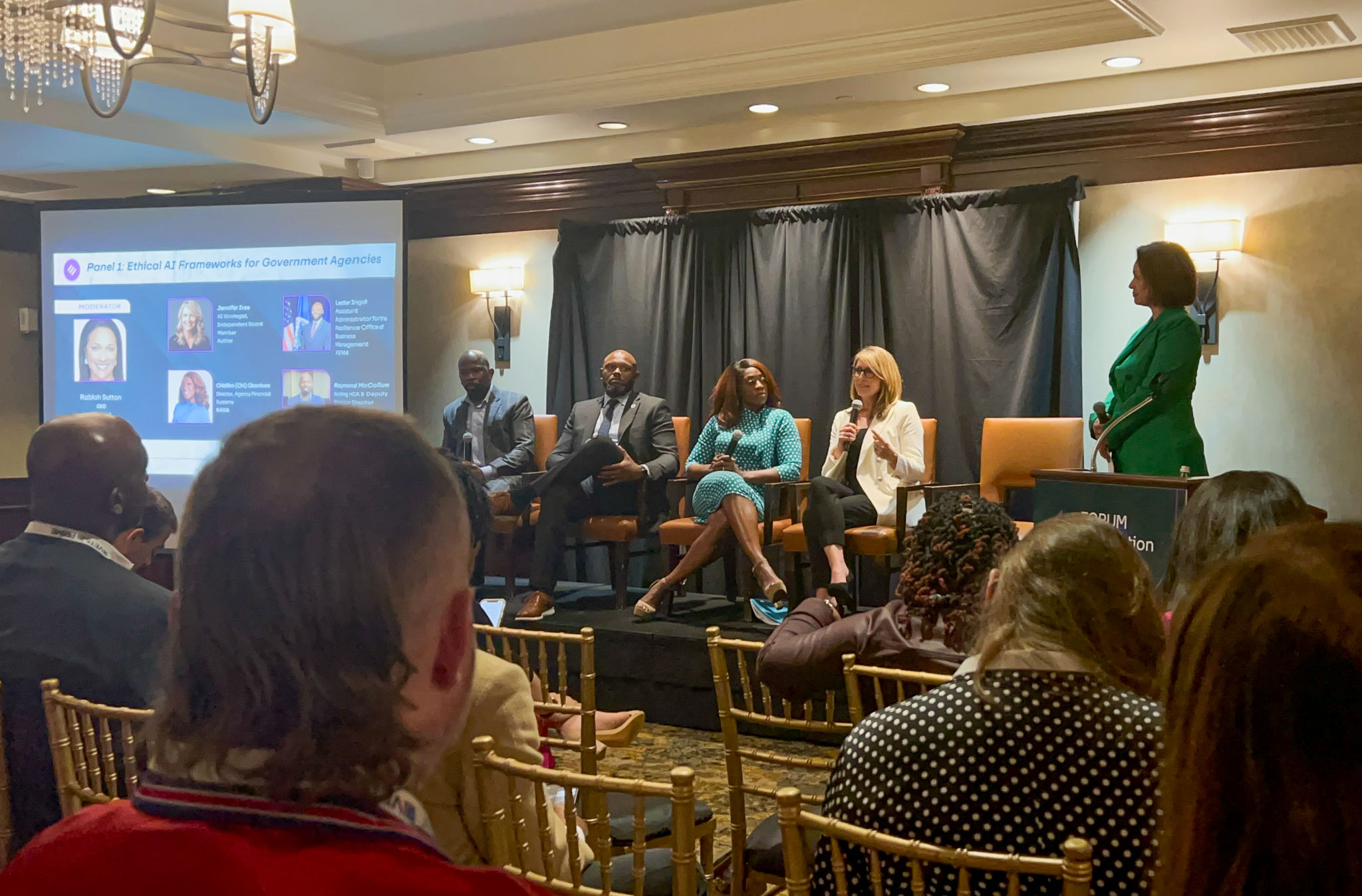 Jennifer Ives moderating a panel on Ethical AI Frameworks for Government Agencies at FORUM Awards